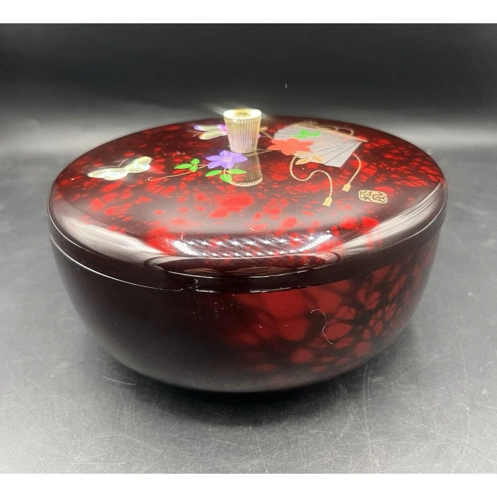 Vintage ONO Japanese Lacquer Style Jewelry Trinket Box Red Floral Fan Made Japan